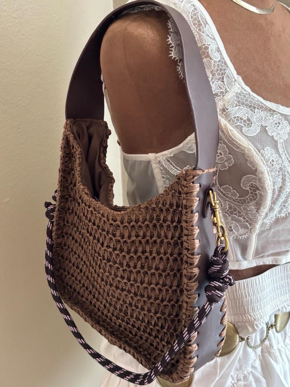 Boho American Eagle Mini Raffia Tote Bag Brown crochet shoulder bag